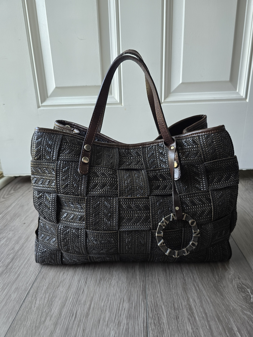Alma Tonutti Woven Basketweave Tote Bag Made in Italy Leather Trim Brown Large